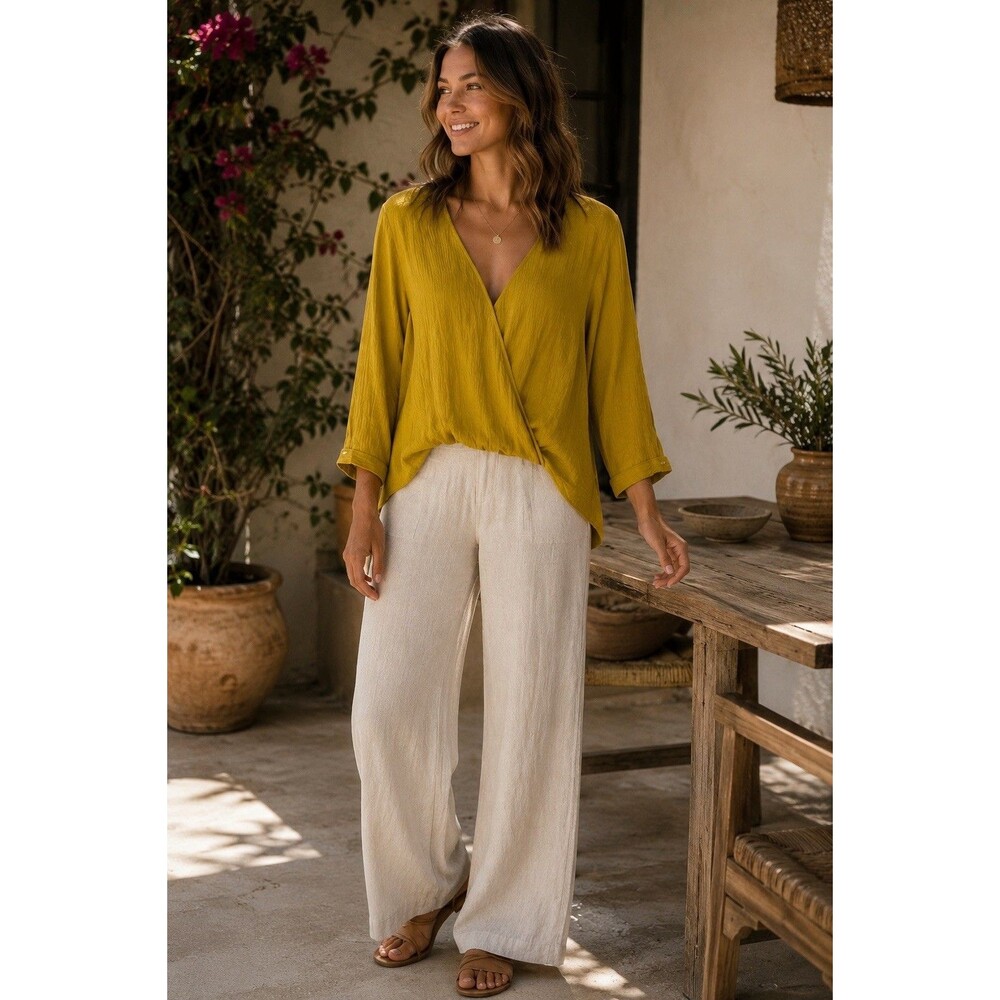 Alythea M Mustard Gold Crinkle Wrap Blouse High Low Boho Rayon Top